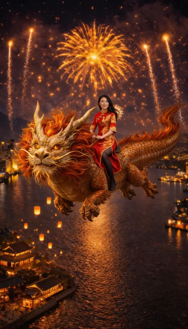 Felicitación Año Nuevo Chino volando con dragón para mujer Felicitación Año Nuevo Chino volando con dragón para mujer en vídeo con IA personalizado