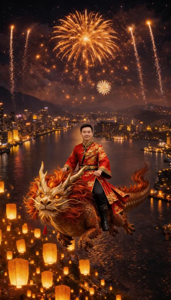 Felicitación de Año Nuevo Chino – Volando con Dragón Felicitación Año Nuevo Chino volando con dragón sobre una ciudad con farolillos y fuegos artificiales.